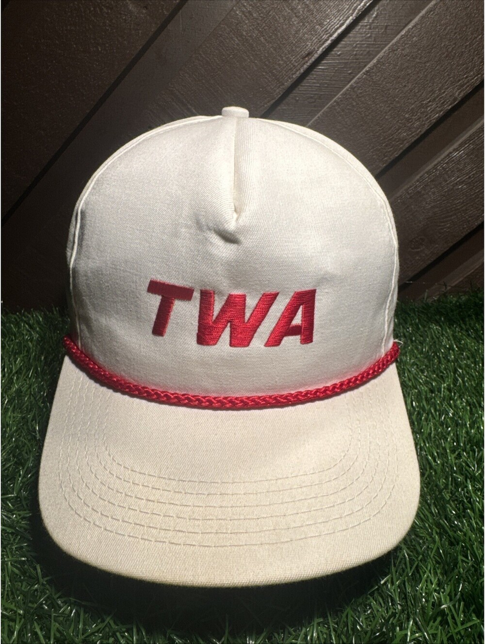 VTG 70s TWA Airline Rope Hat Leather Strapback Made in USA Trans World Airlines